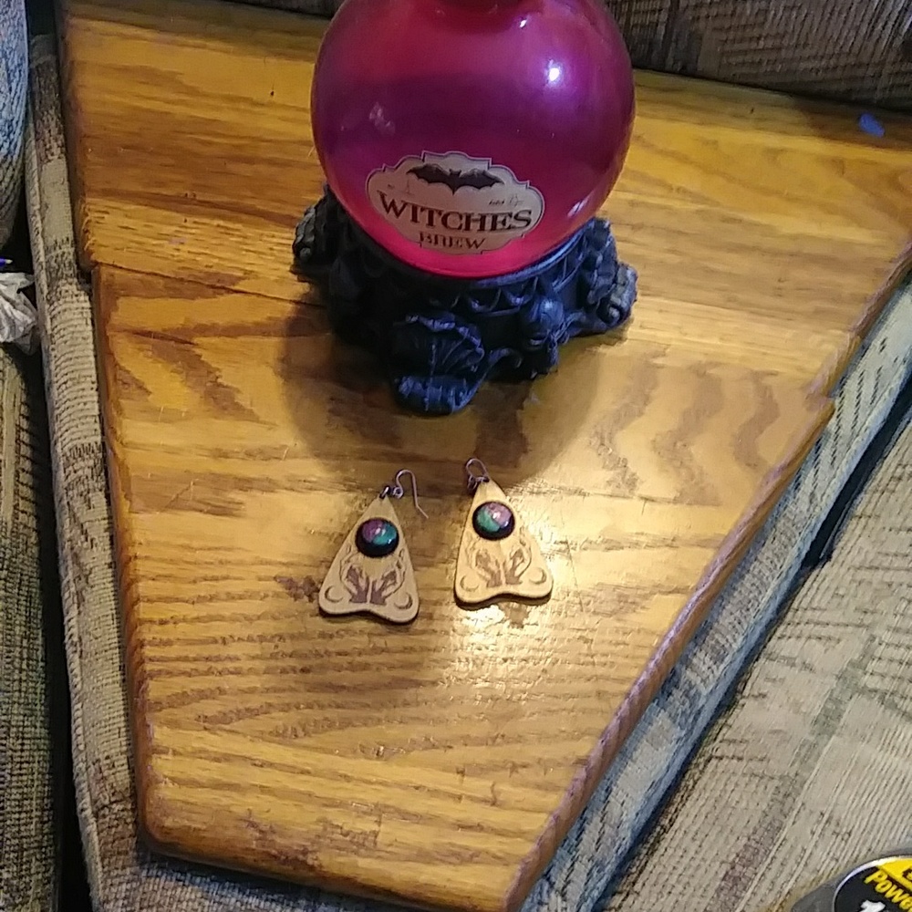 Ouija board earrings. Made of wood and plastic. multicolored